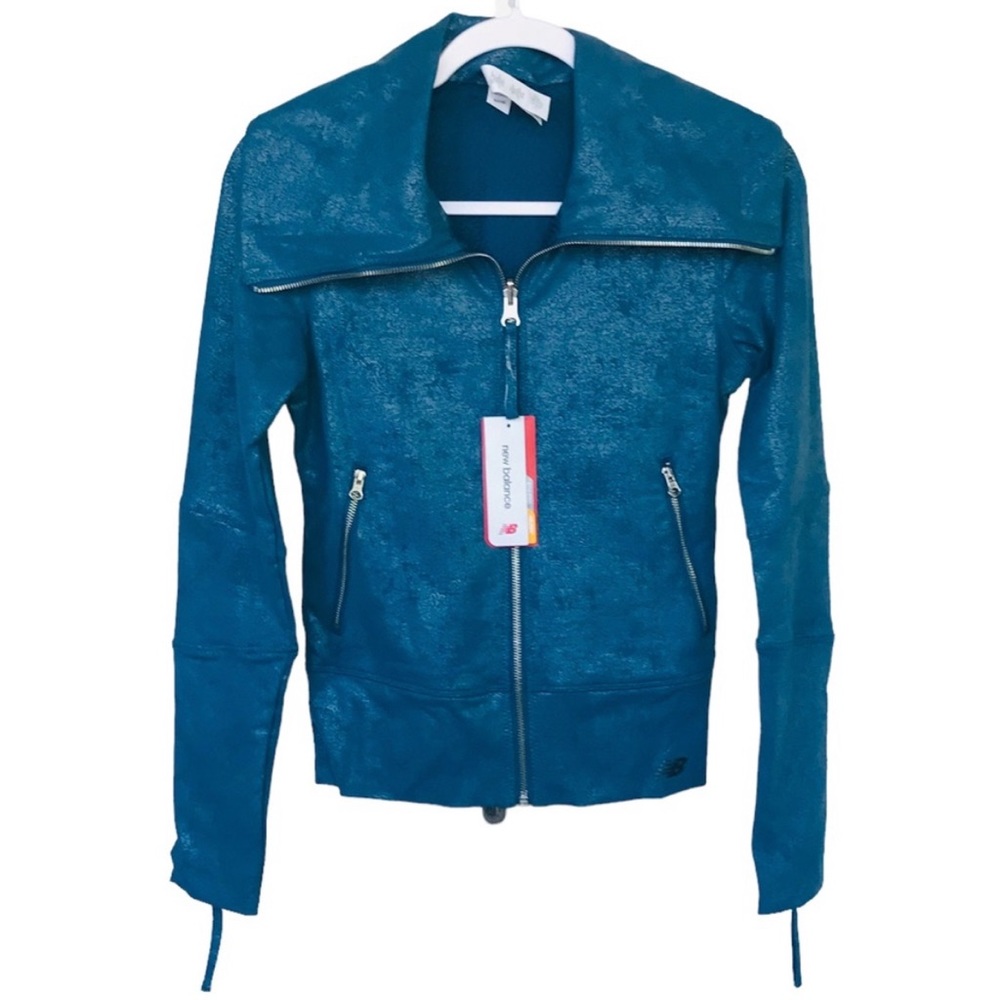 NWT New Balance Faux Leather Zip Up Motto Jacket Emerald Blue Metallic Small 😎